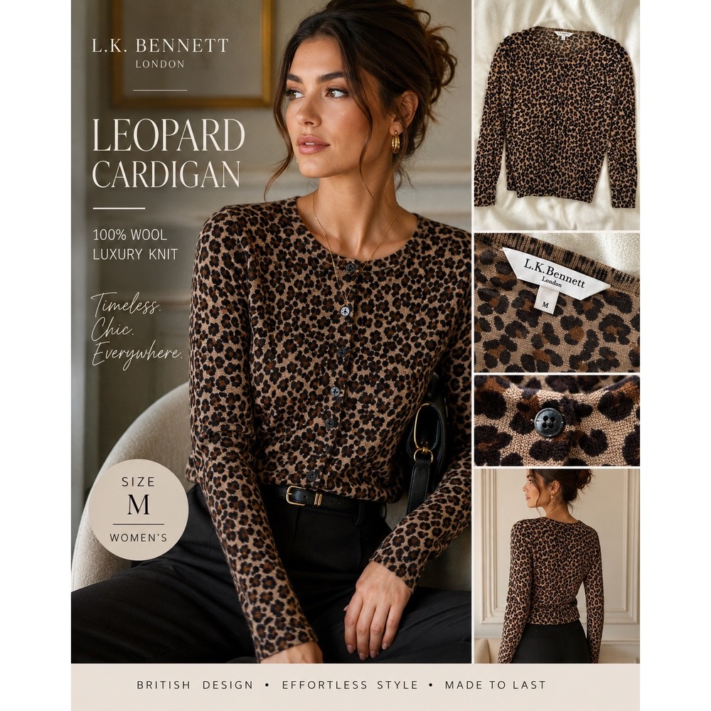L.K. Bennett Wool Leopard Cardigan M Mob Wife Office Siren Animal Print